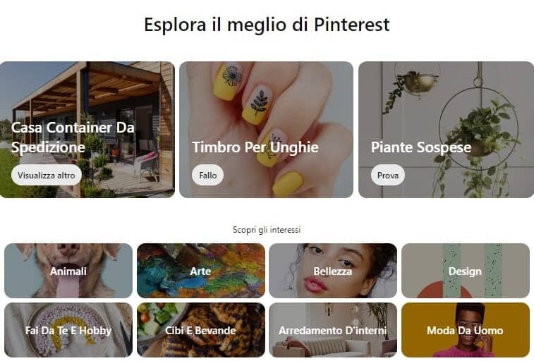 Schermata di pinterest per trovare idee di contenuti per blog grazie alle sue bacheche visive