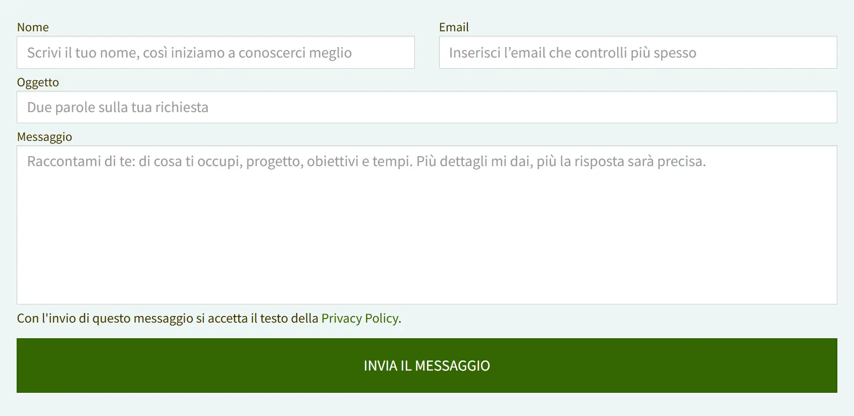 schermata del form di contatto di sabidanna.com