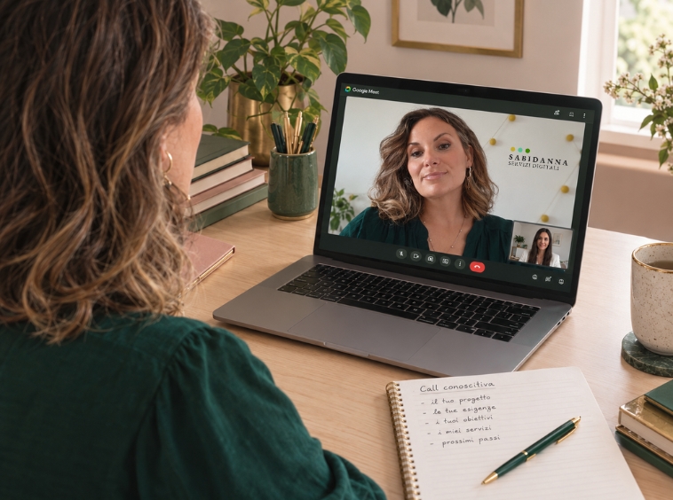 sabina d'anna consulente di comunicazione e copywriter in videochiamata su google meet per una call conoscitiva con una potenziale cliente