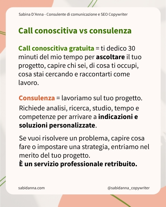 grafica con testo che spiega la differenza tra call conoscitiva e consulenza per sabina d'anna di sabidanna.com
